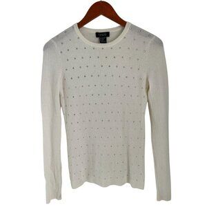 Forte Cashmere White Sweater XS Crystal Embellished 100% Cashmere Long Sleeve Cr